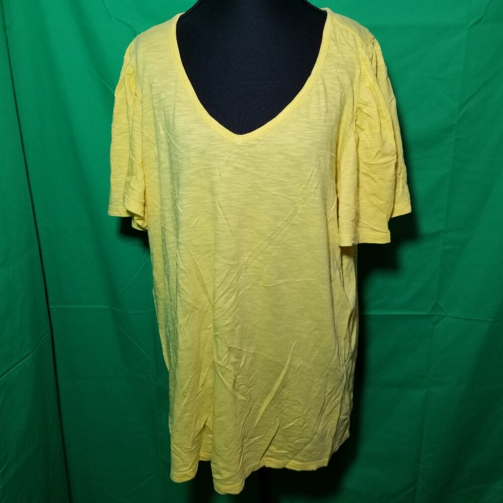 LANE BRYANT Womens 10/12 Yellow V-Neck Flutter Sleeve Shirt Retro Boho Casual